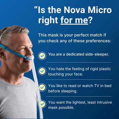 Older man wearing the Fisher & Paykel Nova Micro nasal pillow mask alongside a preference checklist for side-sleepers who want a lightweight, low-profile CPAP mask.