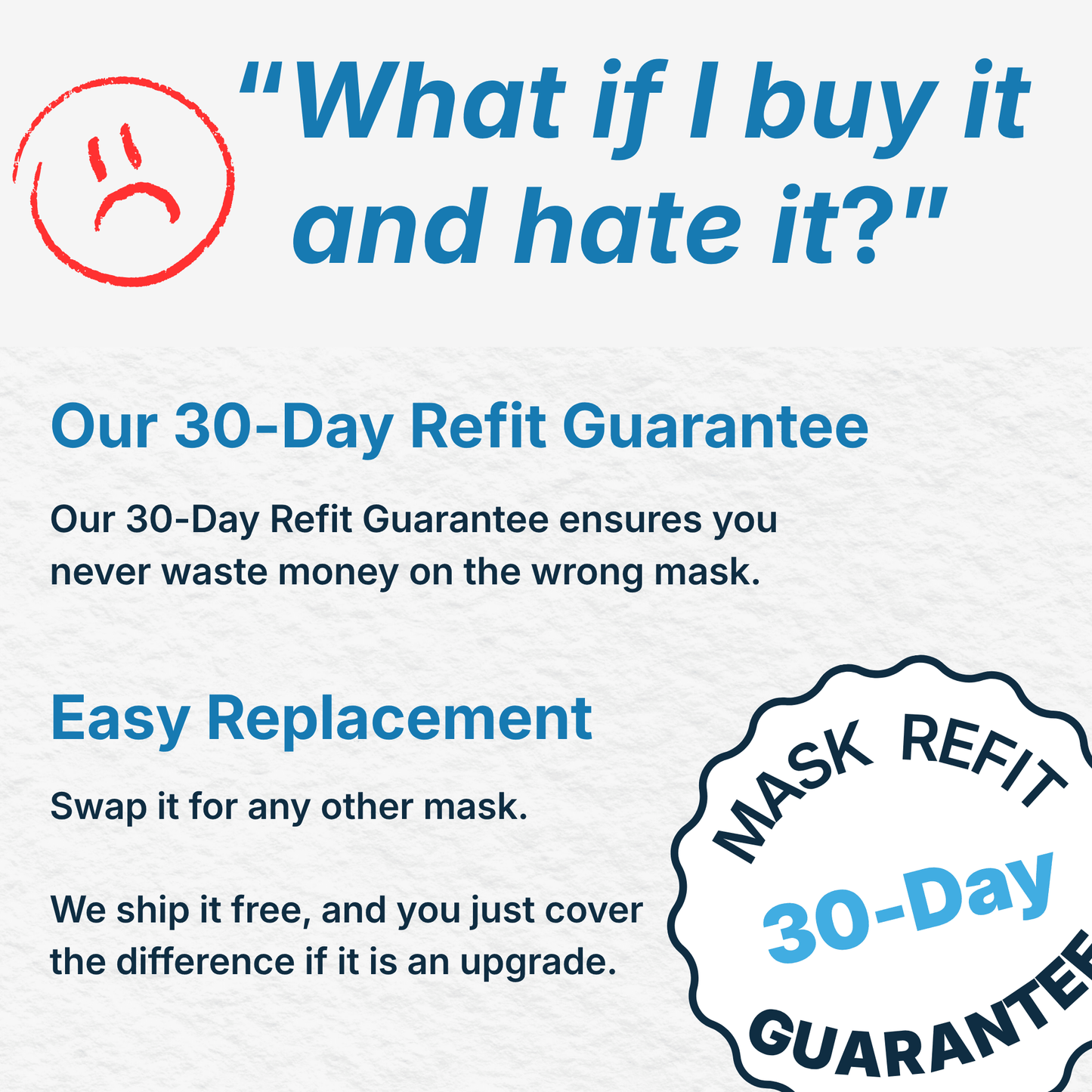 CPAPmyway 30-Day Refit Guarantee for CPAP masks — swap any mask for another within 30 days, free shipping, with only the upgrade difference owed.