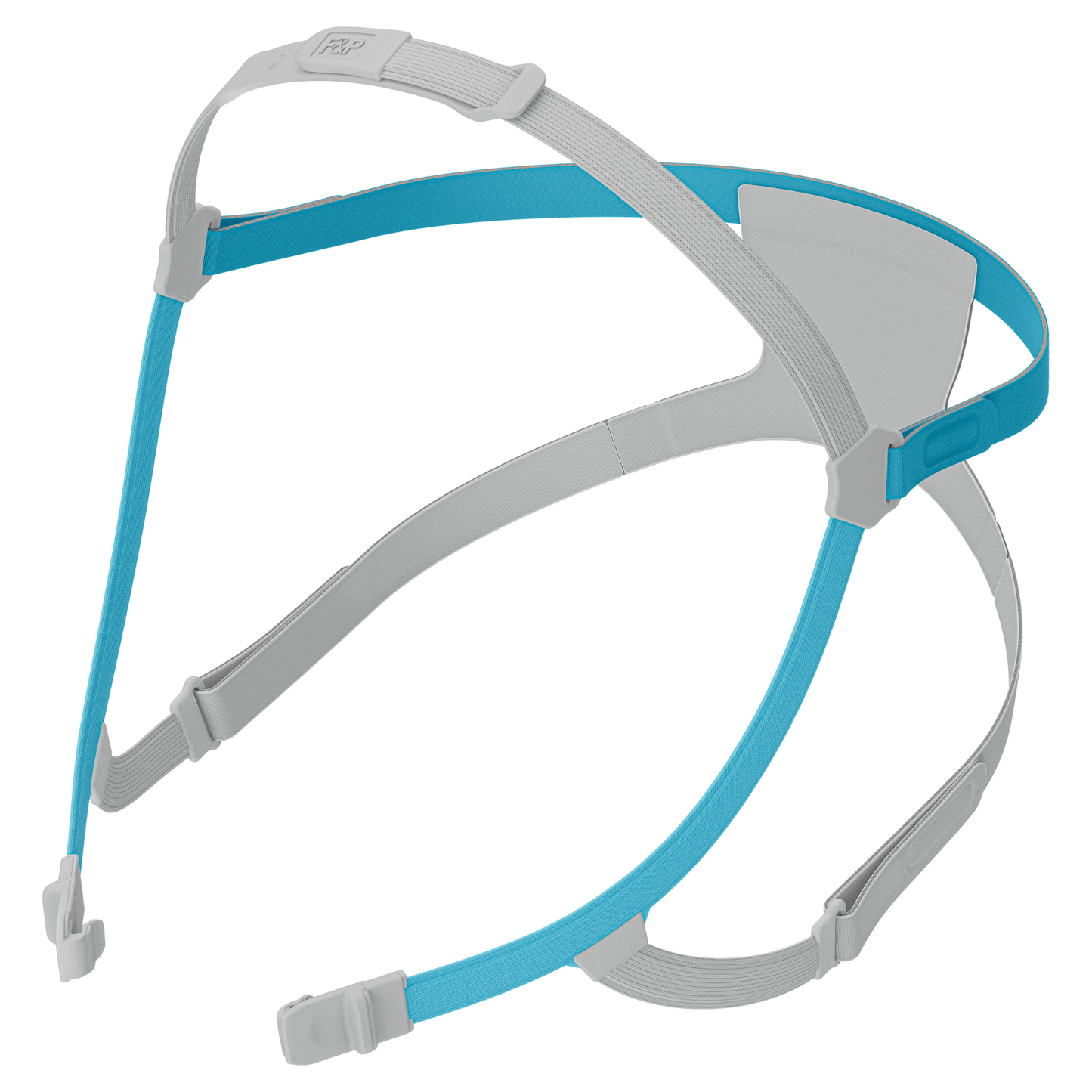 Angled view of the Fisher & Paykel Nova Nasal Replacement Headgear, featuring the blue and gray SwingFit straps, soft AirEdge fabric, structural back panel, and front pivoting clips for simple one-click fitting.