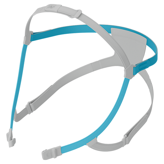 Angled view of the Fisher & Paykel Nova Nasal Replacement Headgear, featuring the blue and gray SwingFit straps, soft AirEdge fabric, structural back panel, and front pivoting clips for simple one-click fitting.