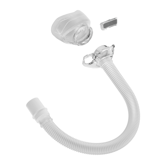 Exploded view of the Fisher & Paykel Nova Nasal Mask Frame System without headgear, displaying the individual components: a medium RollFit cushion, the noise-reducing diffuser filter, and the flexible short tube assembly.