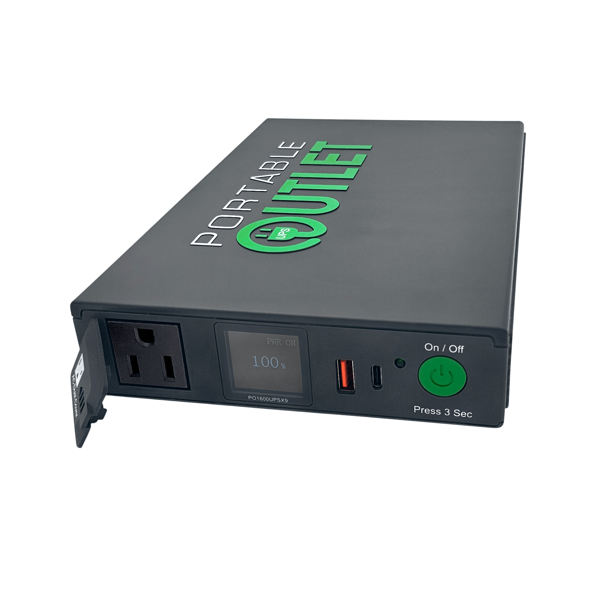 Front angle view of the Portable Outlet X9 CPAP Battery displaying a 110-volt pure sine wave AC outlet, a digital screen showing a 100 percent charge, USB-A and USB-C ports, and a green power button.