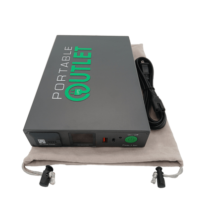 The Portable Outlet X9 CPAP Battery resting on top of its included grey drawstring travel bag, positioned next to its universal AC charging power cord.