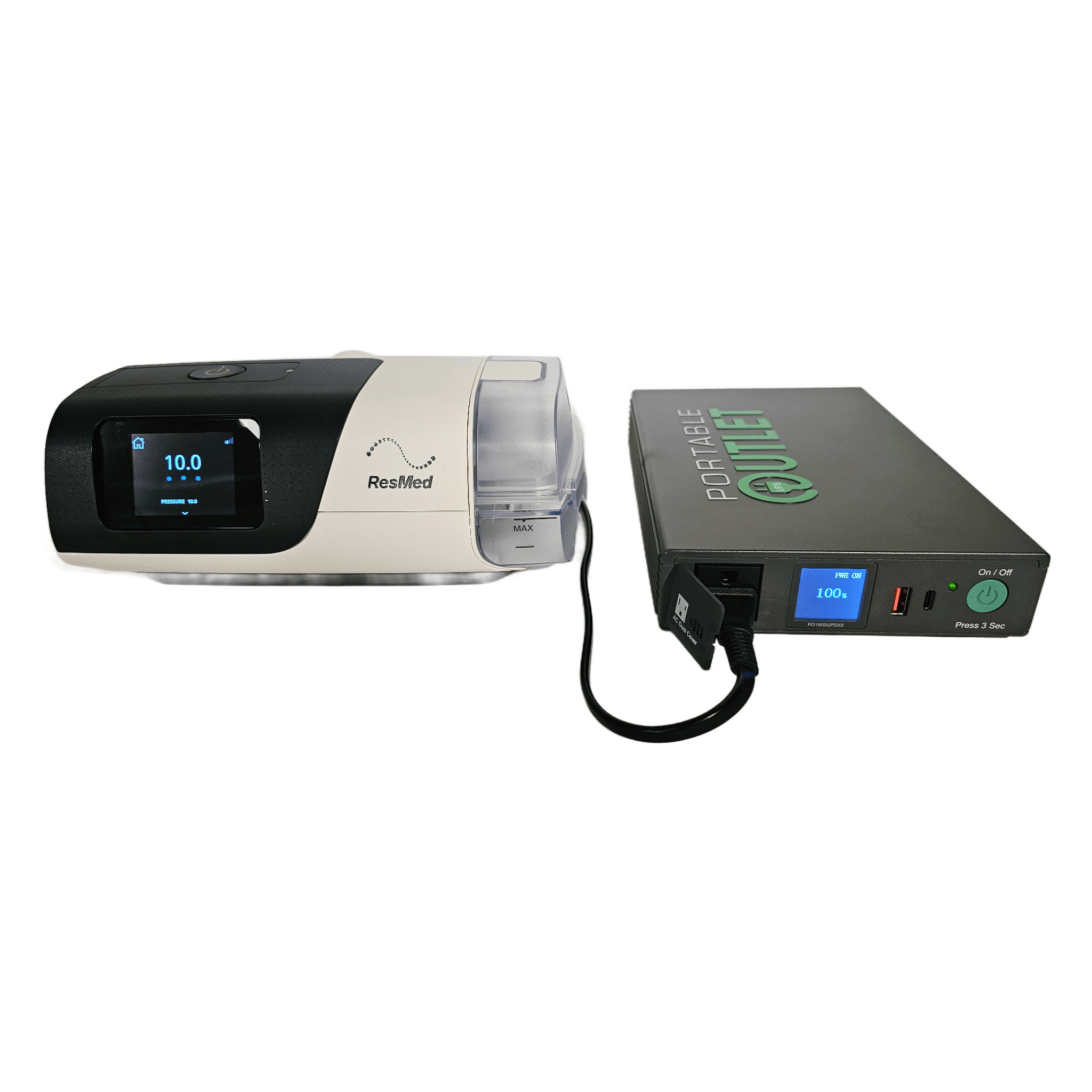 A ResMed AirSense 11 CPAP machine plugged directly into the standard AC outlet of the Portable Outlet X9 UPS battery, which shows a full 100 percent charge on its display.