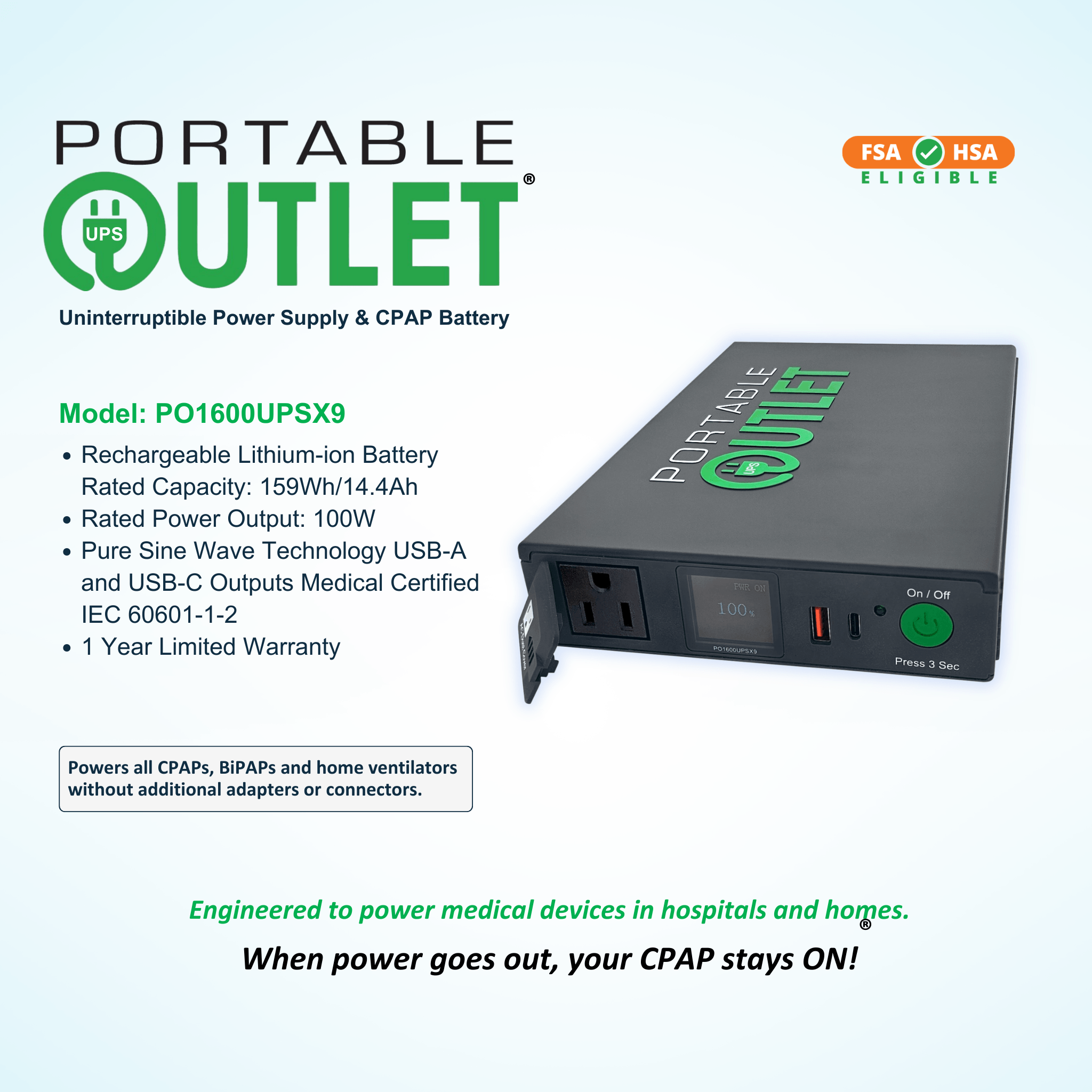 Informational graphic for the Portable Outlet X9 CPAP Battery highlighting its 159 watt-hour capacity, pure sine wave technology, and medical-grade IEC 60601-1-2 certification.
