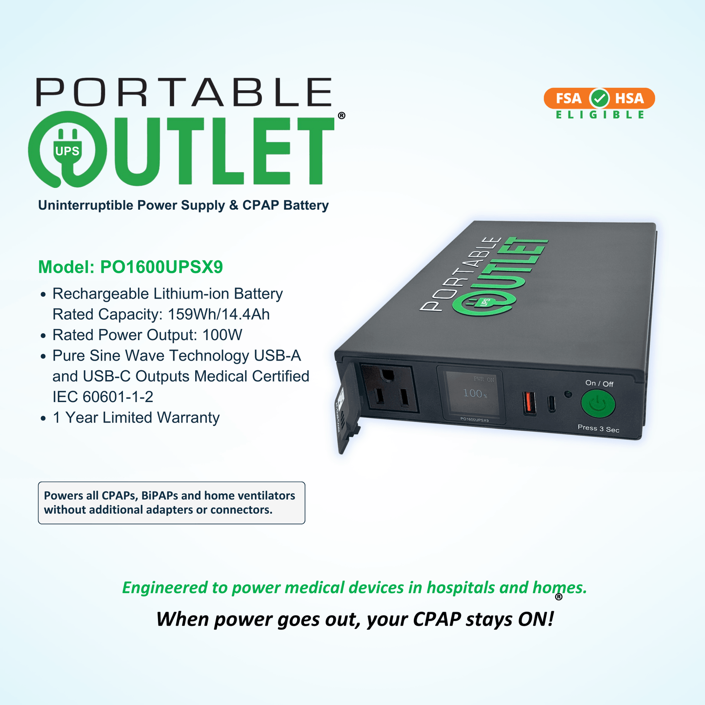Informational graphic for the Portable Outlet X9 CPAP Battery highlighting key features like its 159 Watt-hour capacity, pure sine wave technology, and medical-grade IEC 60601-1-2 certification, alongside FSA and HSA eligible badges.