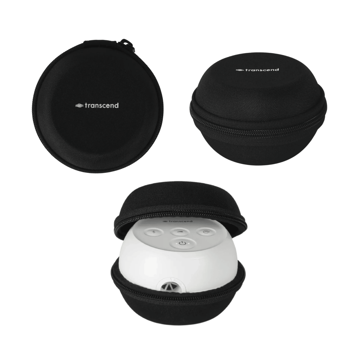 Transcend Micro 510 hard shell travel case — shown closed, from above, and open with Birch White device inside