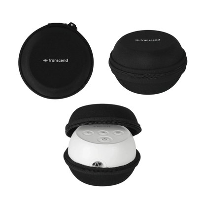 Transcend Micro 510 hard shell travel case — shown closed, from above, and open with Birch White device inside