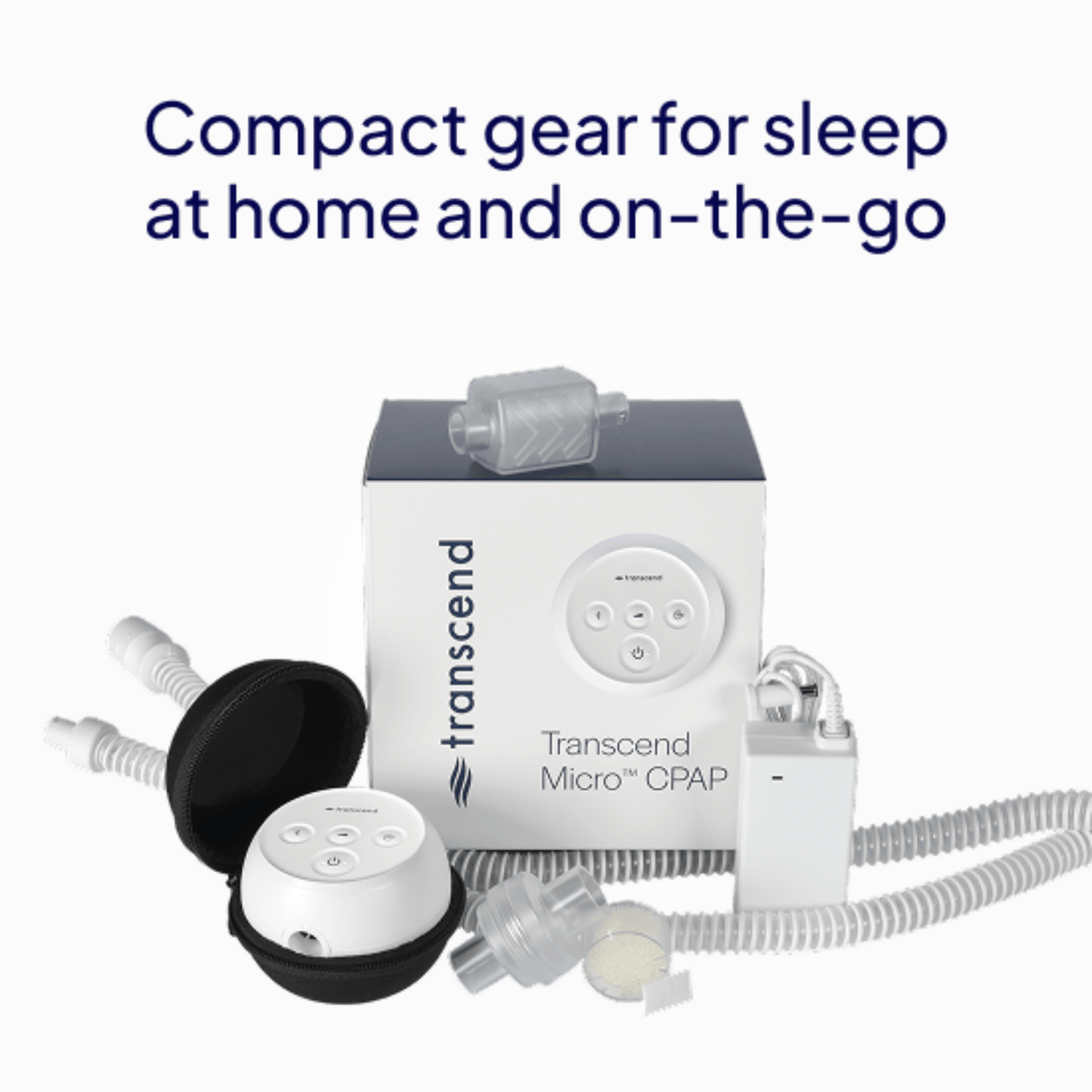Transcend Micro 510 CPAP — what's included with retail packaging, hard shell case, device, TransFlex hose, WhisperSoft muffler, AirMist HME, and power supply with text "Compact gear for sleep at home and on-the-go"