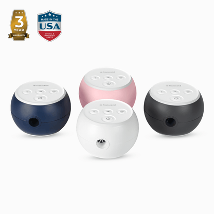 Transcend Micro 510 Auto CPAP in all four colors — Midnight Blue, Petal Pink, Birch White, and Graphite Gray — with 3-year warranty and Made in USA badges