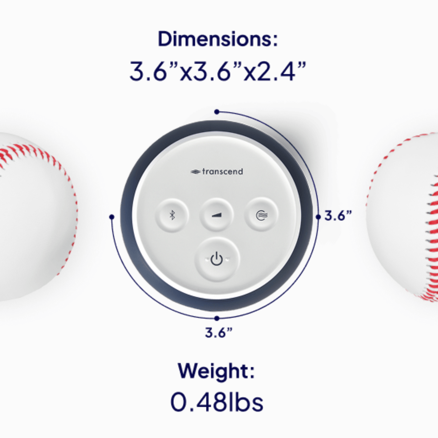 Transcend Micro 510 top view between two baseballs showing 3.6 inch diameter dimensions and 0.48 lb weight