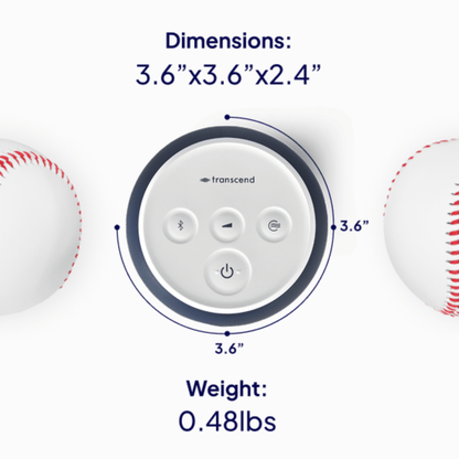 Transcend Micro 510 top view between two baseballs showing 3.6 inch diameter dimensions and 0.48 lb weight