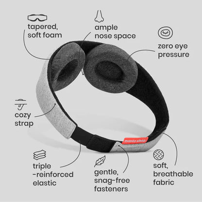 Manta sleep mask showing features of the mask being great for sleep. 