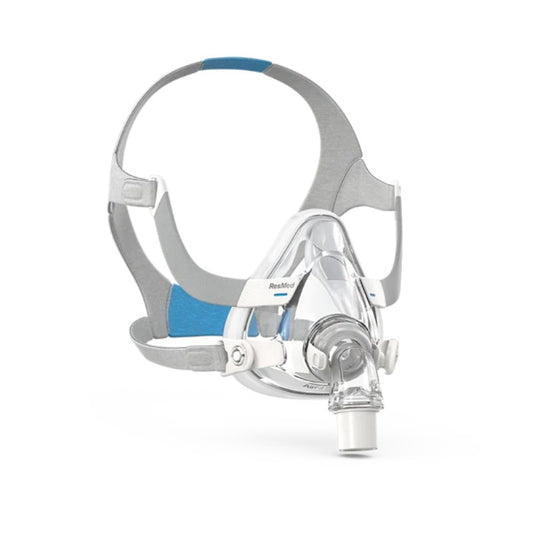 A ResMed CPAP mask with a clear faceplate, gray headgear straps, and blue padding accents, shown on a solid white background.