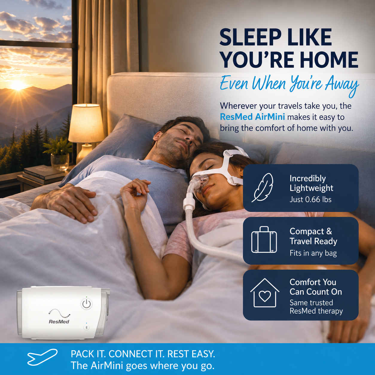 Image of a lady by her husband sleeping well on vacation using her AirMini with an N20. 