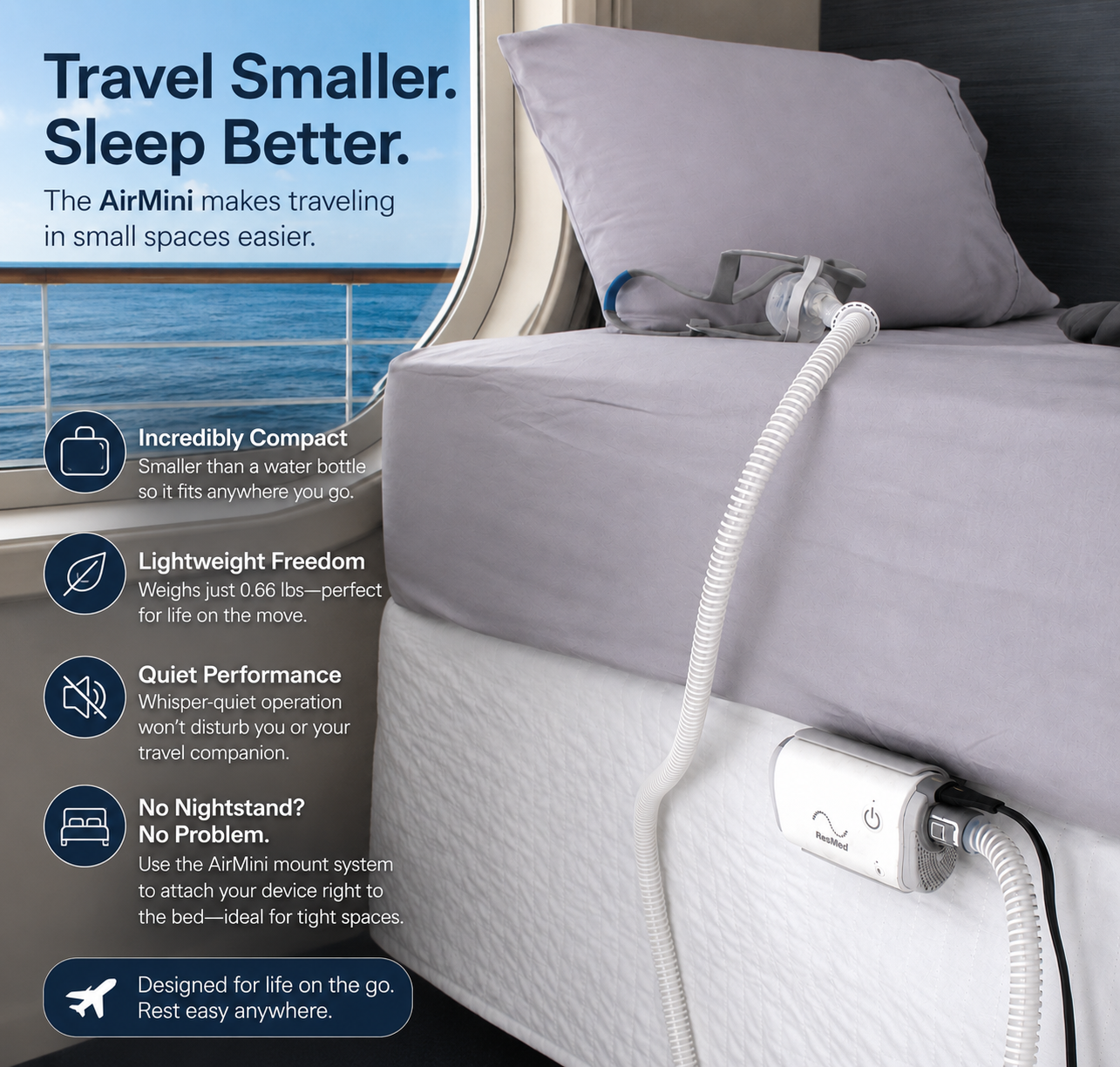 AirMini Travel CPAP mounted to the bed frame on a cruise ship room. 