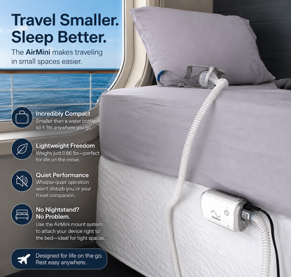 AirMini Travel CPAP mounted to the bed frame on a cruise ship room. 