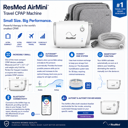 AirMini features examples: very small, autoramp technology, humidx instead of water, smartstart, bluetooth connectivity. 