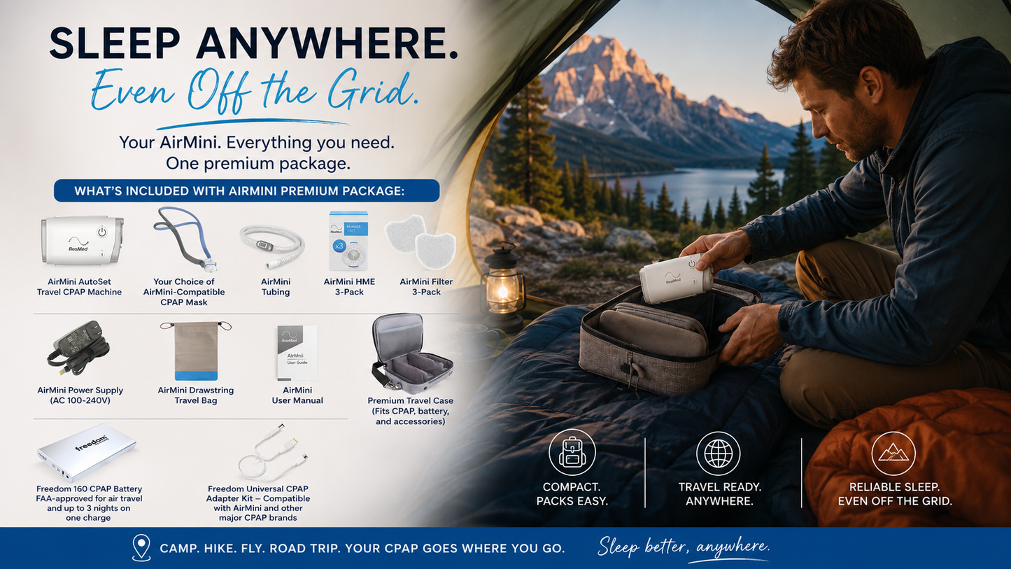 Image of a guy camping using his airmini travel CPAP and freedom battery illustrating the AirMini Premium package being great for off grid travel. 