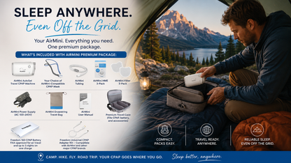 Image of a guy camping using his airmini travel CPAP and freedom battery illustrating the AirMini Premium package being great for off grid travel. 