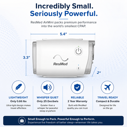 AirMini specifications, 3.3 inches x5.4 inches, x 2 inches. Weighs 0.66 lbs, 24 decibels, and 2 year warranty. 