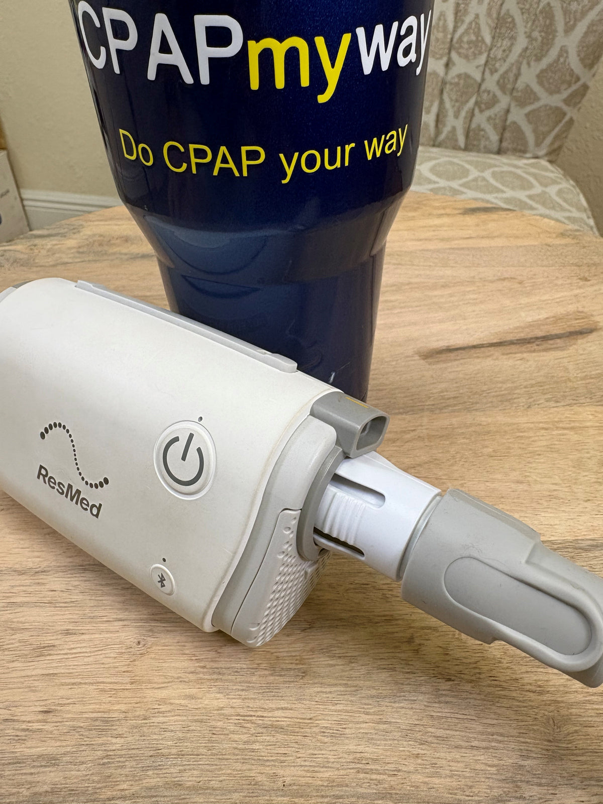 AirMini hooked up to slim cpap tube via the AirMini Universal Tube Adapter. 
