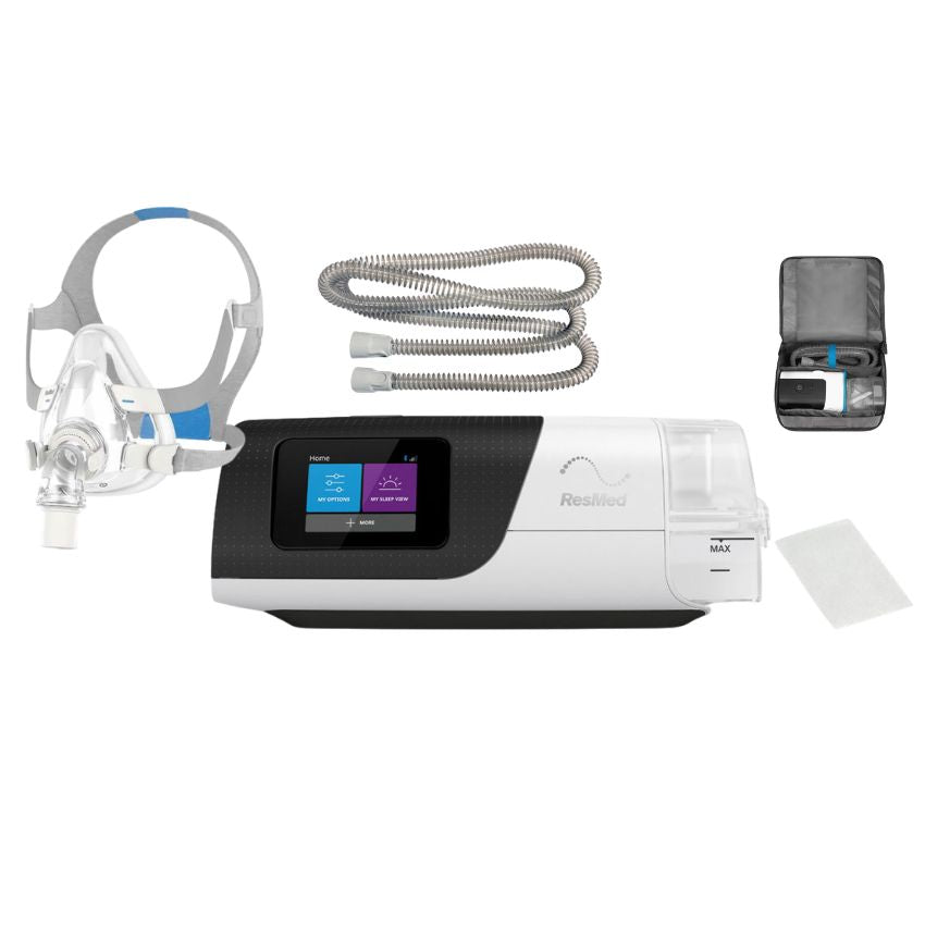 Airsense 11 starter package with filter, carry case, tubing, and F20 mask. 