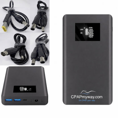 A dark gray CPAP Battery shown from multiple angles on a white background, including a front view with a small digital display, a back view with ports, and four inset photos of included cables. The front shows the brand text 'CPAPmyway.
