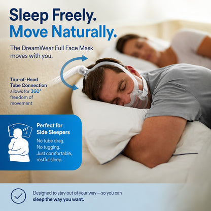 A man sleeping in bed wearing the DreamWear Full Face Mask with a tube connected at the top of his head. The image includes marketing text and a blue callout box explaining features like 360-degree movement and suitability for side sleepers.