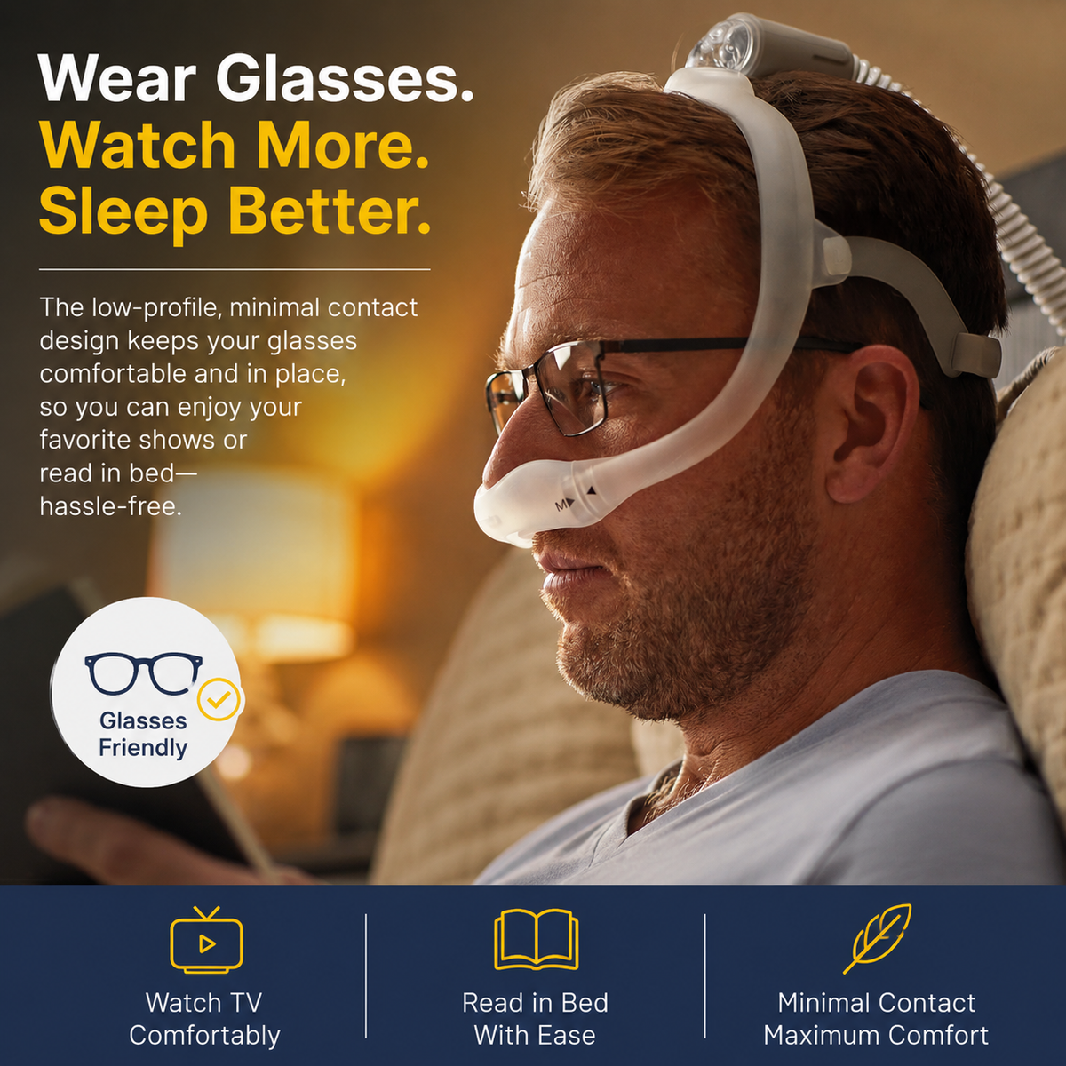 CPAP mask for side sleeper reading TV glasses wearer low-profile mask use case