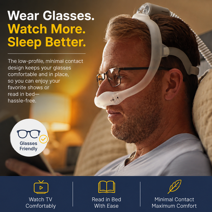 Man wearing the DreamWear Nasal Pillows mask and wearing glasses while reading before bed. 