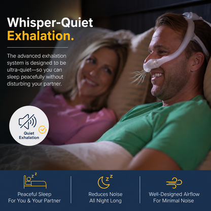 Man wearing the dreamwear nasal mask beside his happy wife because of the quiet exhalation. 