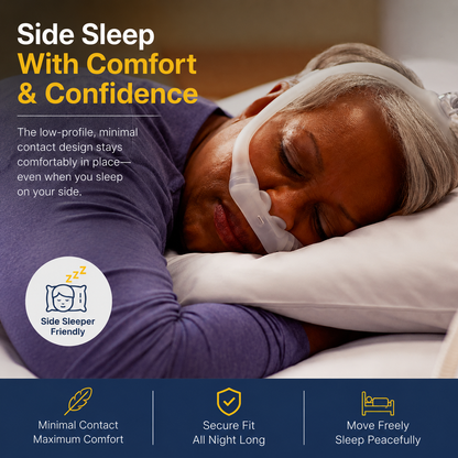 Side Sleeping is easy with the DreamWear Nasal Pillows top of the head tube connection and low profile. Lady wearing mask illustrating it. 