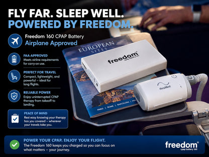 Freedom 160 battery in use on a flight with an AirMini travel CPAP.