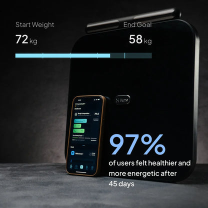 Smartphone with hume fitness app on a dark background, displaying weight loss progress.