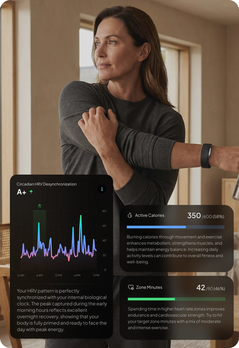 Woman using a hume band 2 with health app displaying heart rate data and calories burned.