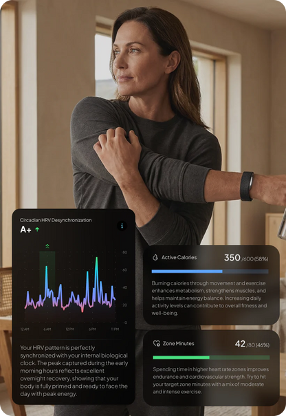 Woman using a hume band 2 with health app displaying heart rate data and calories burned.