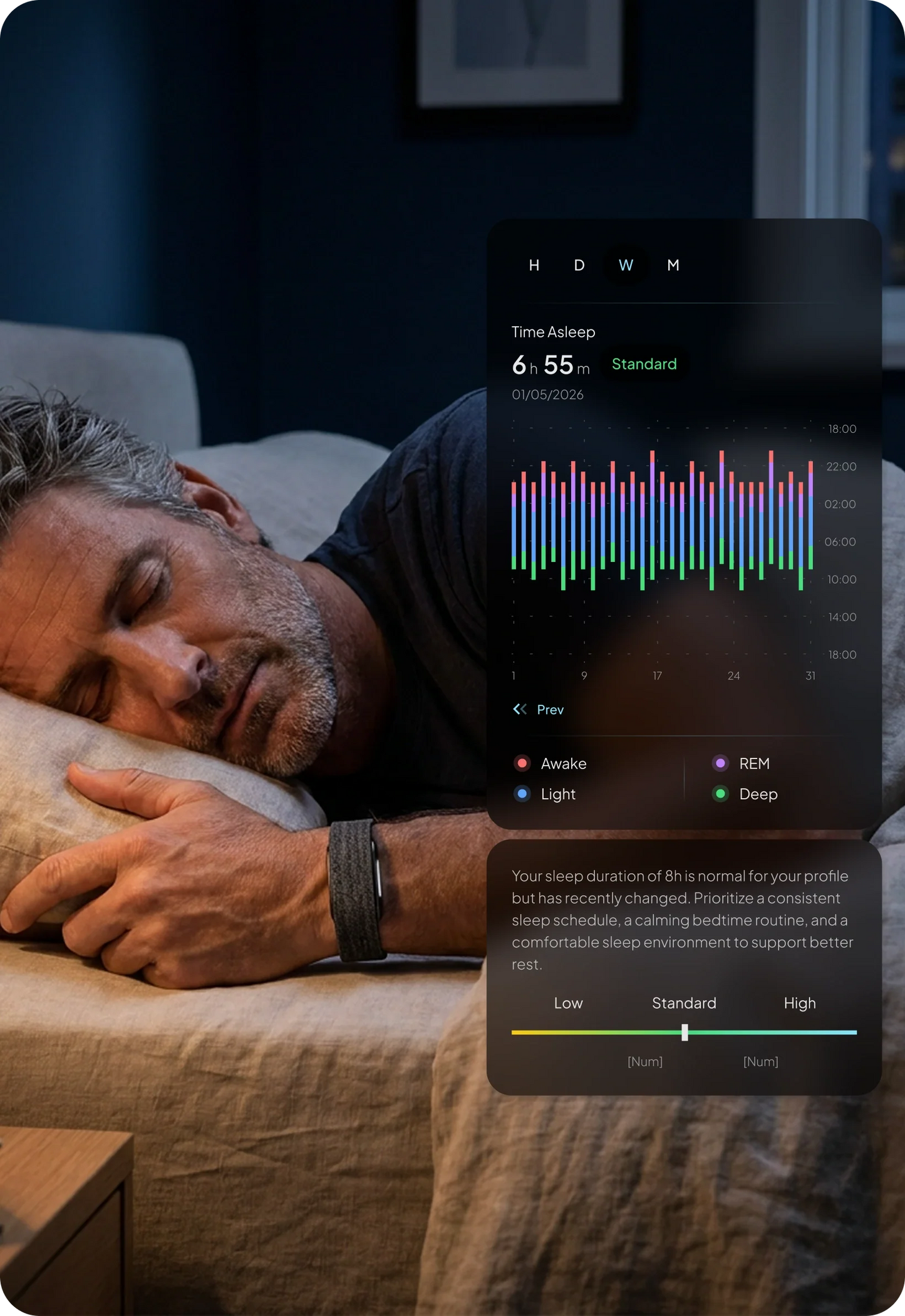 Man sleeping with a hume 2 band smart device displaying sleep analysis on a screen