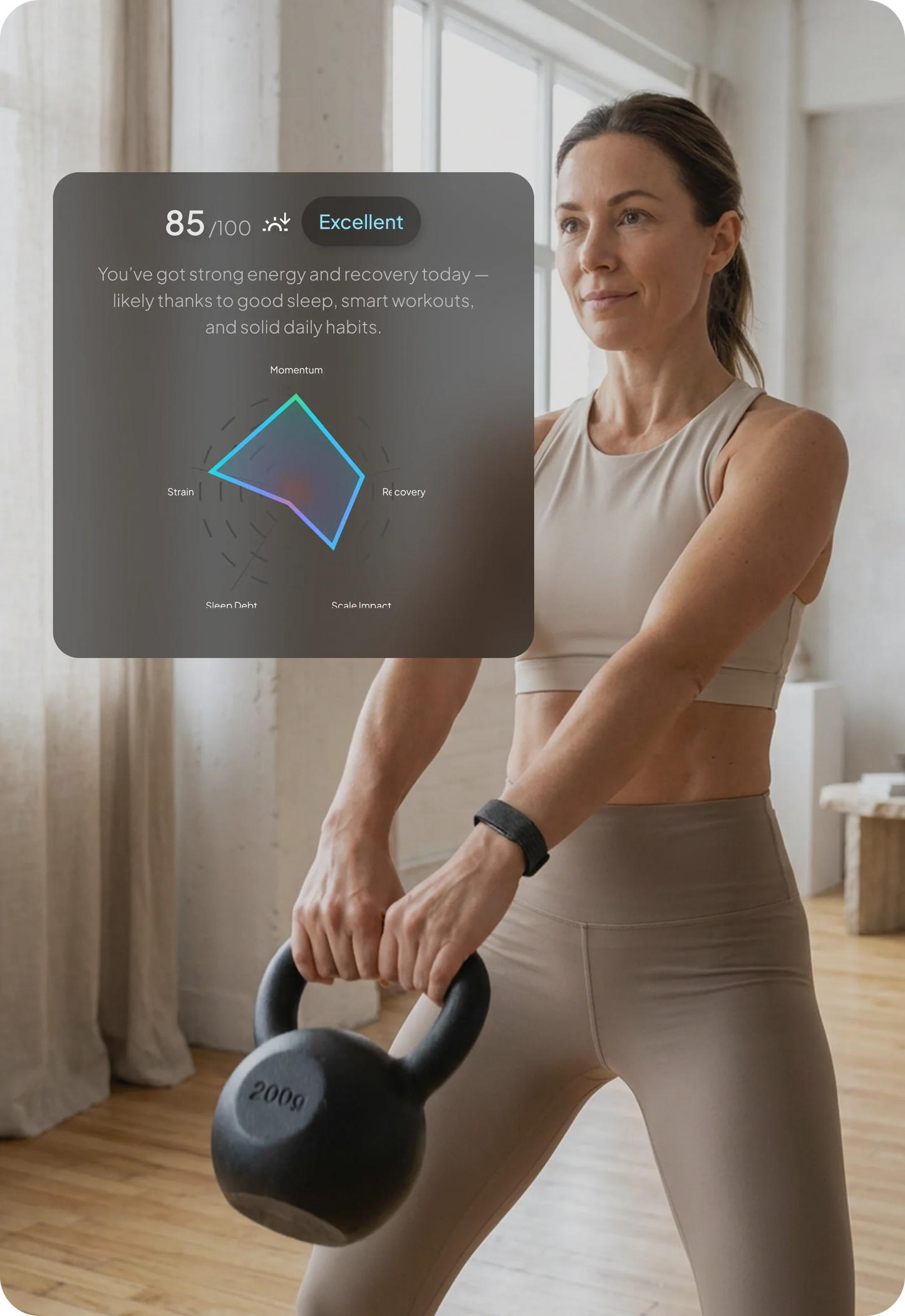 Woman exercising with a kettlebell in a bright room, with a hume band 2 fitness app overlay on the screen.