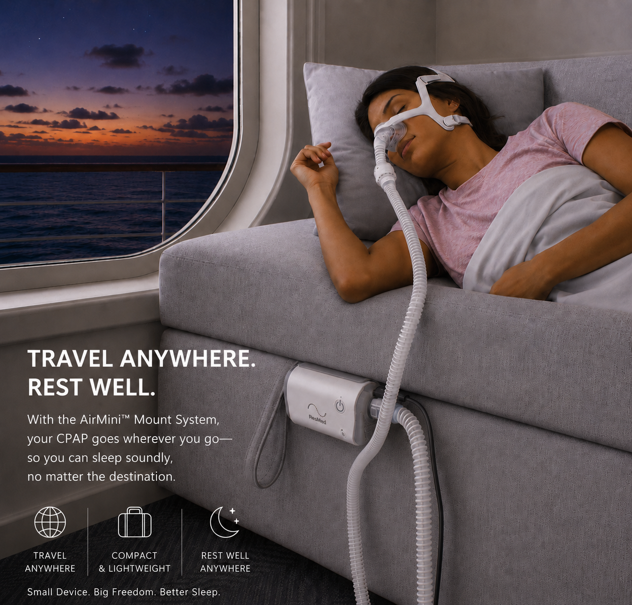Person using a CPAP machine on a couch with a scenic window view, featuring text about travel and rest.
