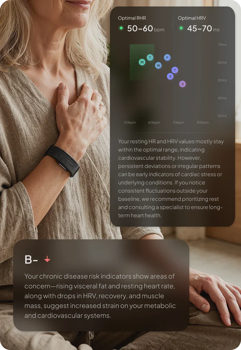 Person wearing a hume band 2 with health monitoring app on screen
