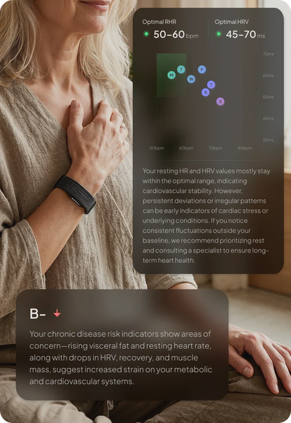 Person wearing a hume band 2 with health monitoring app on screen