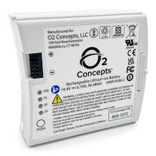 A white O2 Concepts Liberty 2 rechargeable lithium-ion backup battery with printed specifications and safety labels on the front, shown against a plain white background.