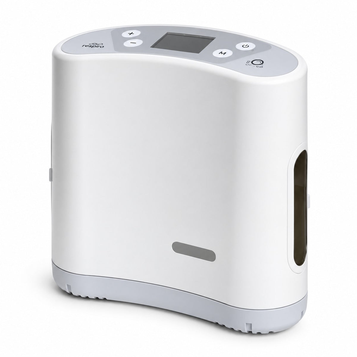 A liberty 2 portable oxygen concentrator device in white and light gray, featuring a digital display screen and control buttons on top, shown against a plain white background.