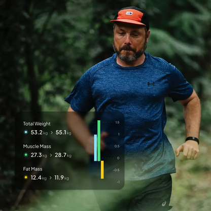 A man jogging with the Hume 2 band and the health stats in the foreground. 