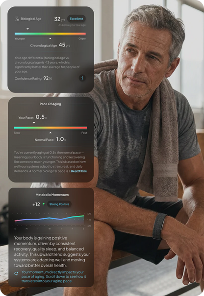Man sitting with digital health dashboard showing aging metrics from hume band 2. 