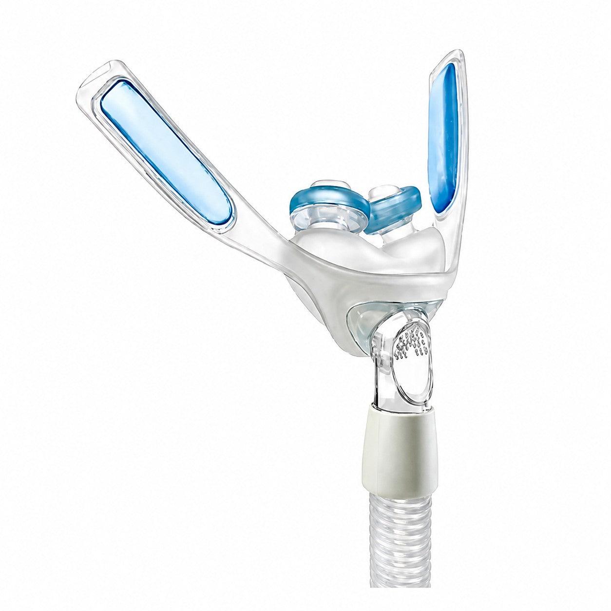 Close-up of the Philips Respironics Nuance Pro replacement frame with the gel nasal pillow cushion attached