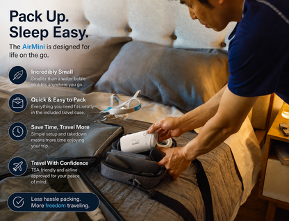 Showing a man pacing up his airmini in the airmini travel case on a hotel bed. 