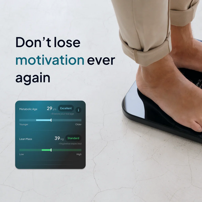 Person stepping onto a smart scale with health metrics displayed, accompanied by motivational text.