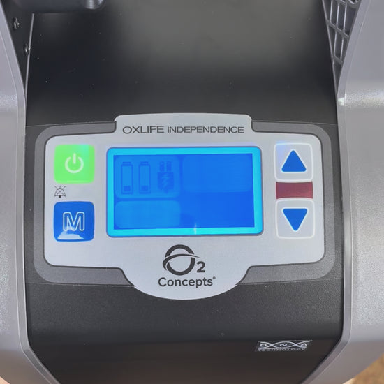 Demonstration of the adjustments on the O2 Concepts Oxlife Independence Portable Oxygen Concentrator. Mode, liter adjustment and power controls. 
